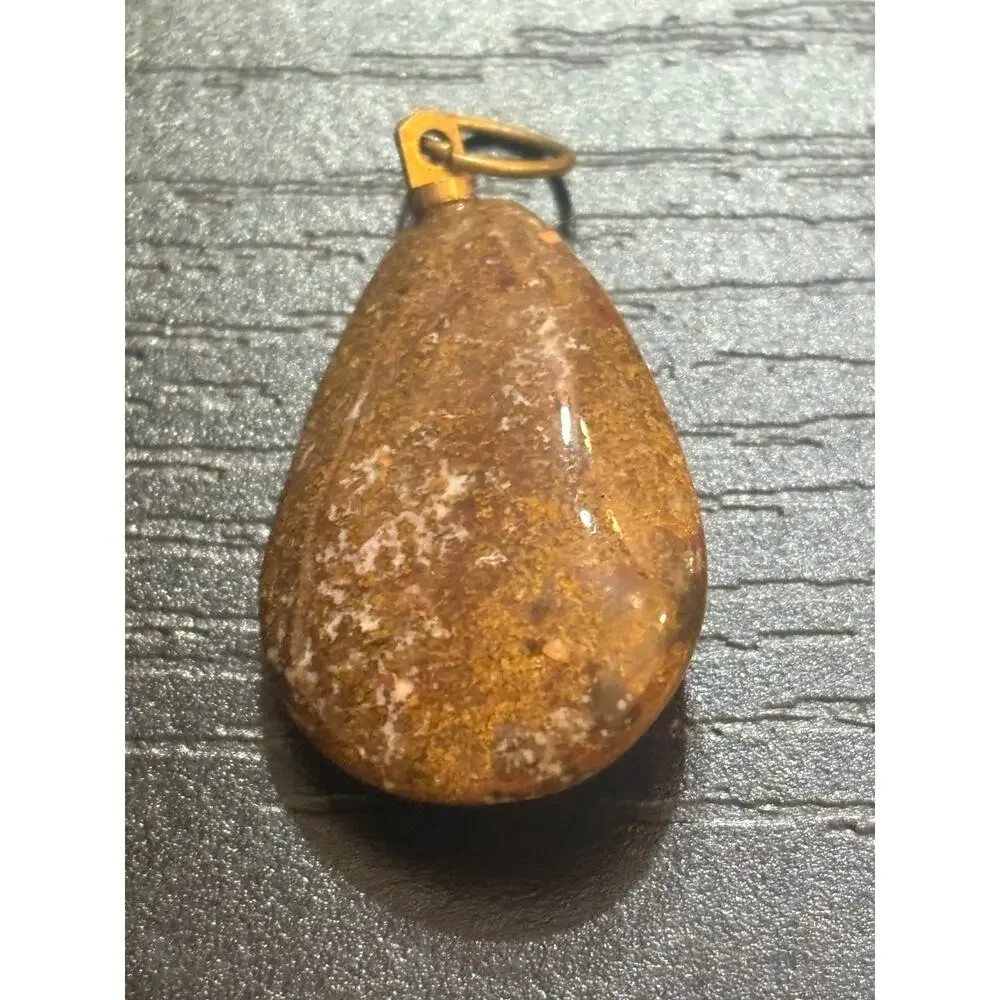 Brown Jasper Genuine Stone Teardrop Pendant Gold Tone